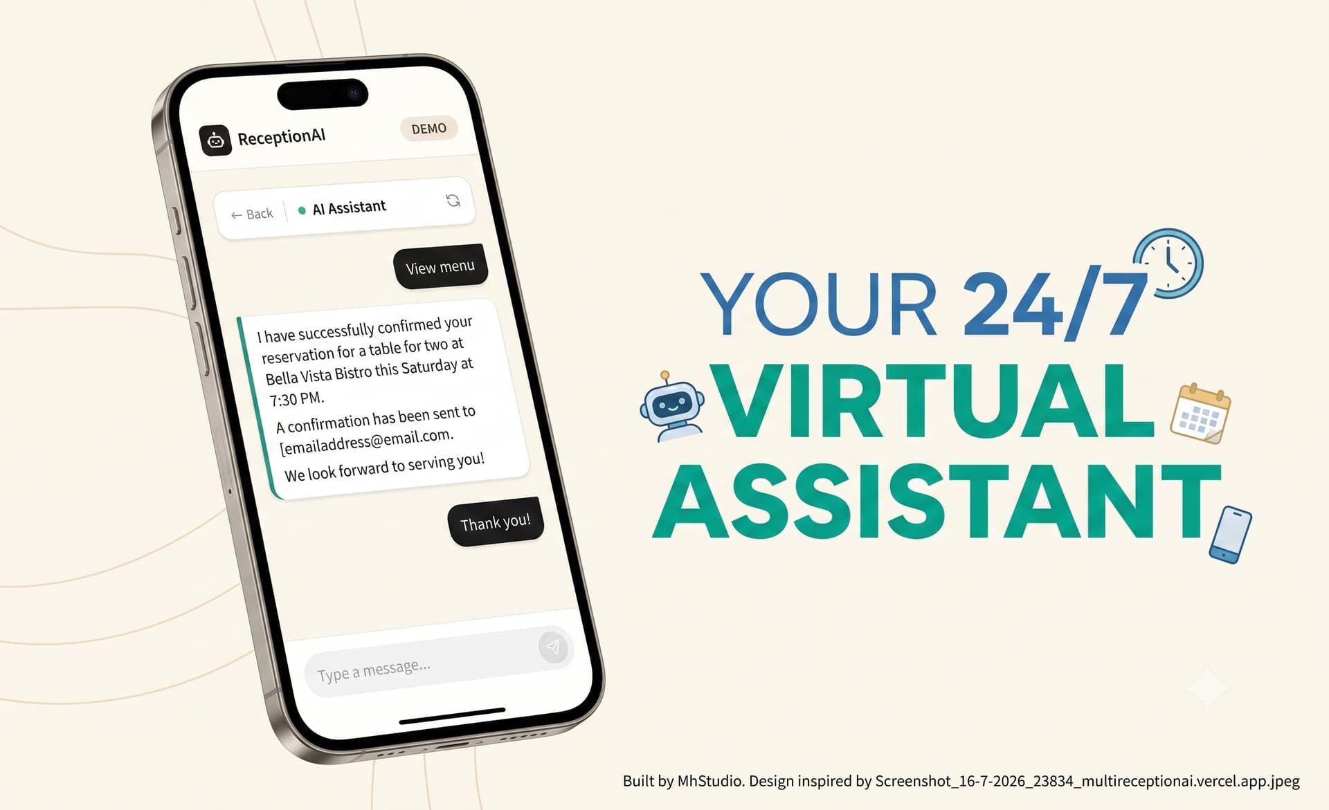 Restaurant AI Assistant preview showing active chat window answering menu questions.