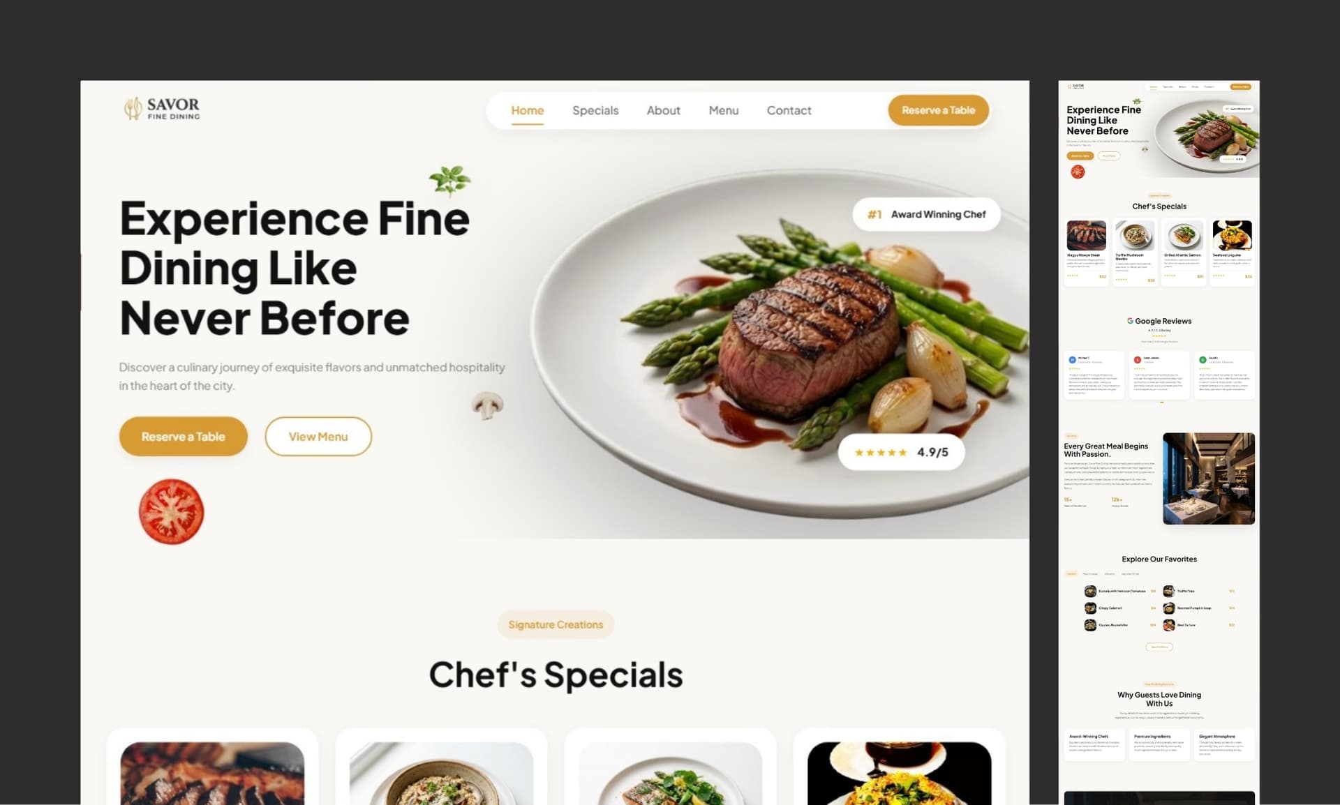 Savor Fine Dining website preview showing elegant culinary presentations and reservation features.