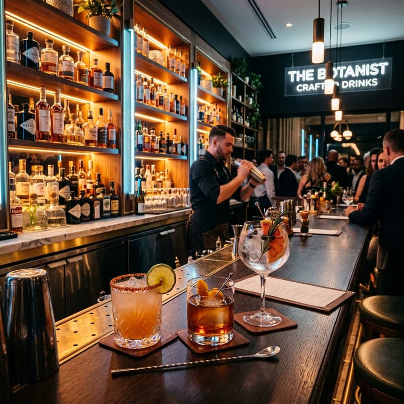 Vibrant bar scene with cocktails and warm lighting.