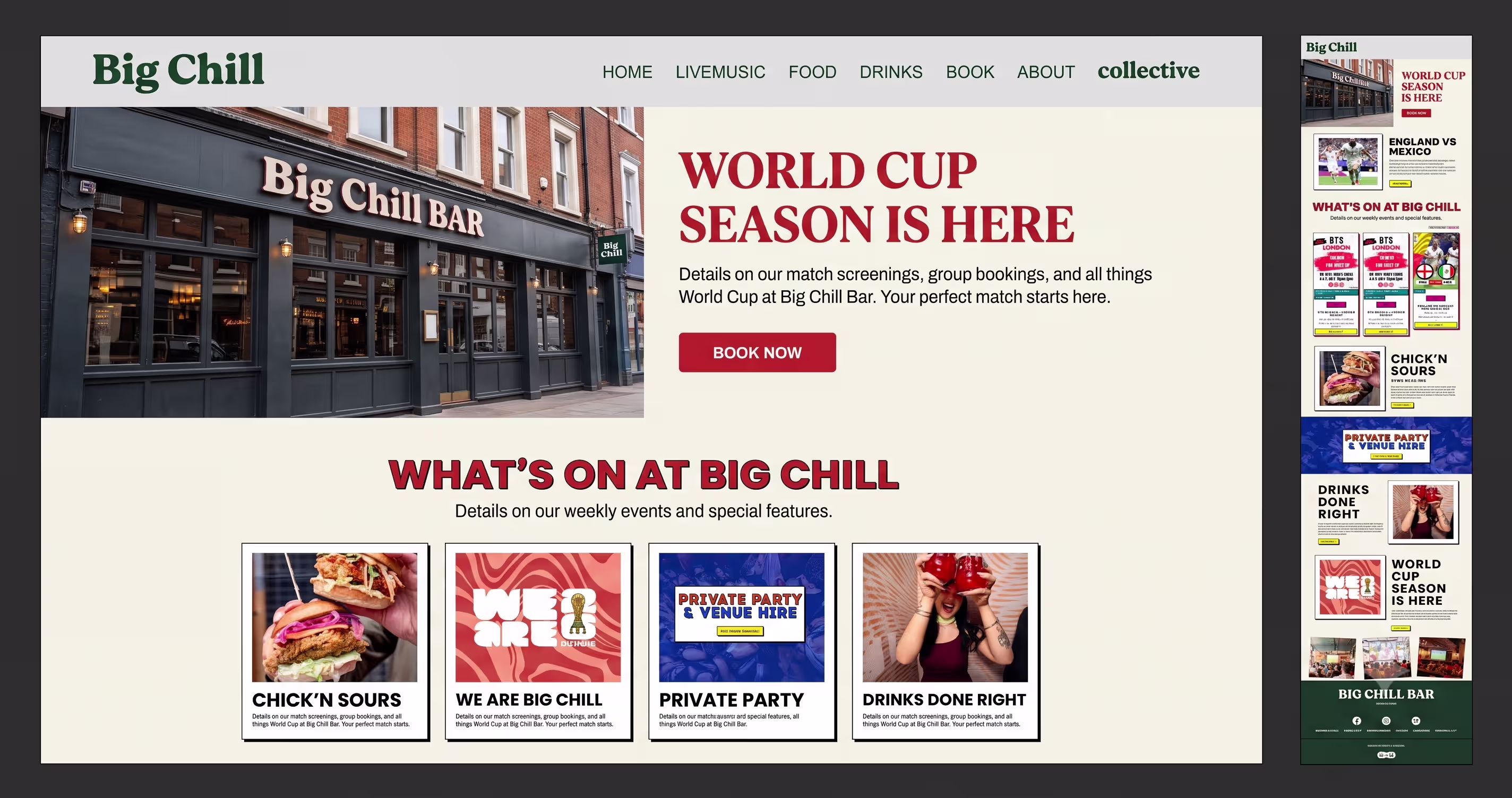 Big Chill Bar website preview showing vibrant nightlife, event schedules, and venue hire information.