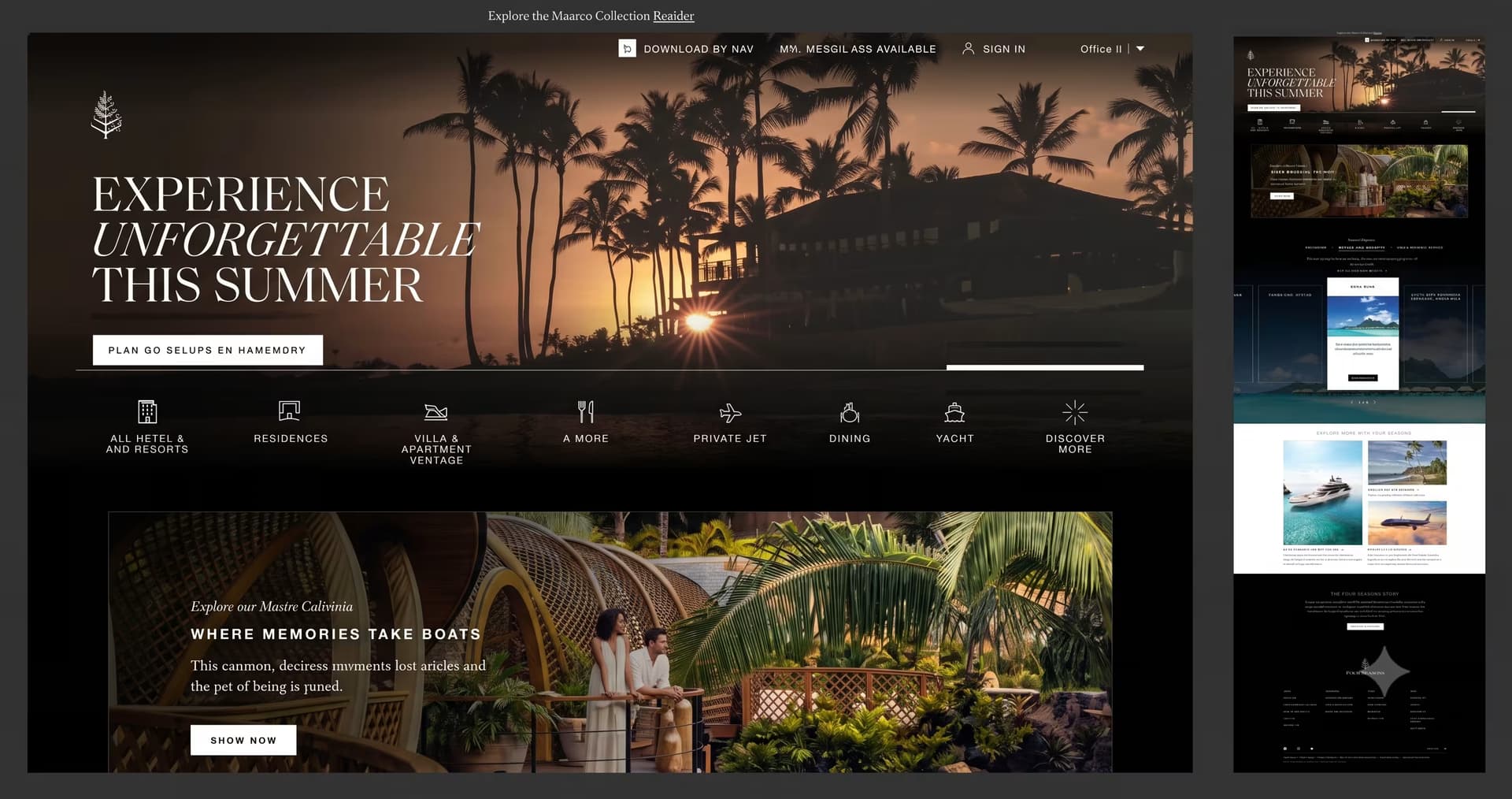 Four Seasons luxury hospitality website preview showing exclusive properties, booking interfaces, and premium visuals.