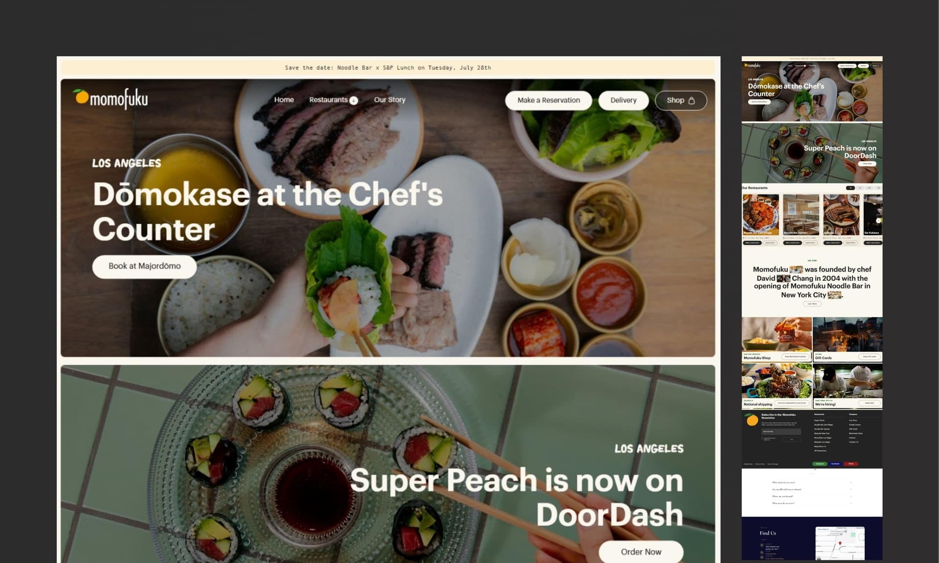 Momofuku restaurant website preview showing modern design, culinary photography, and navigation.