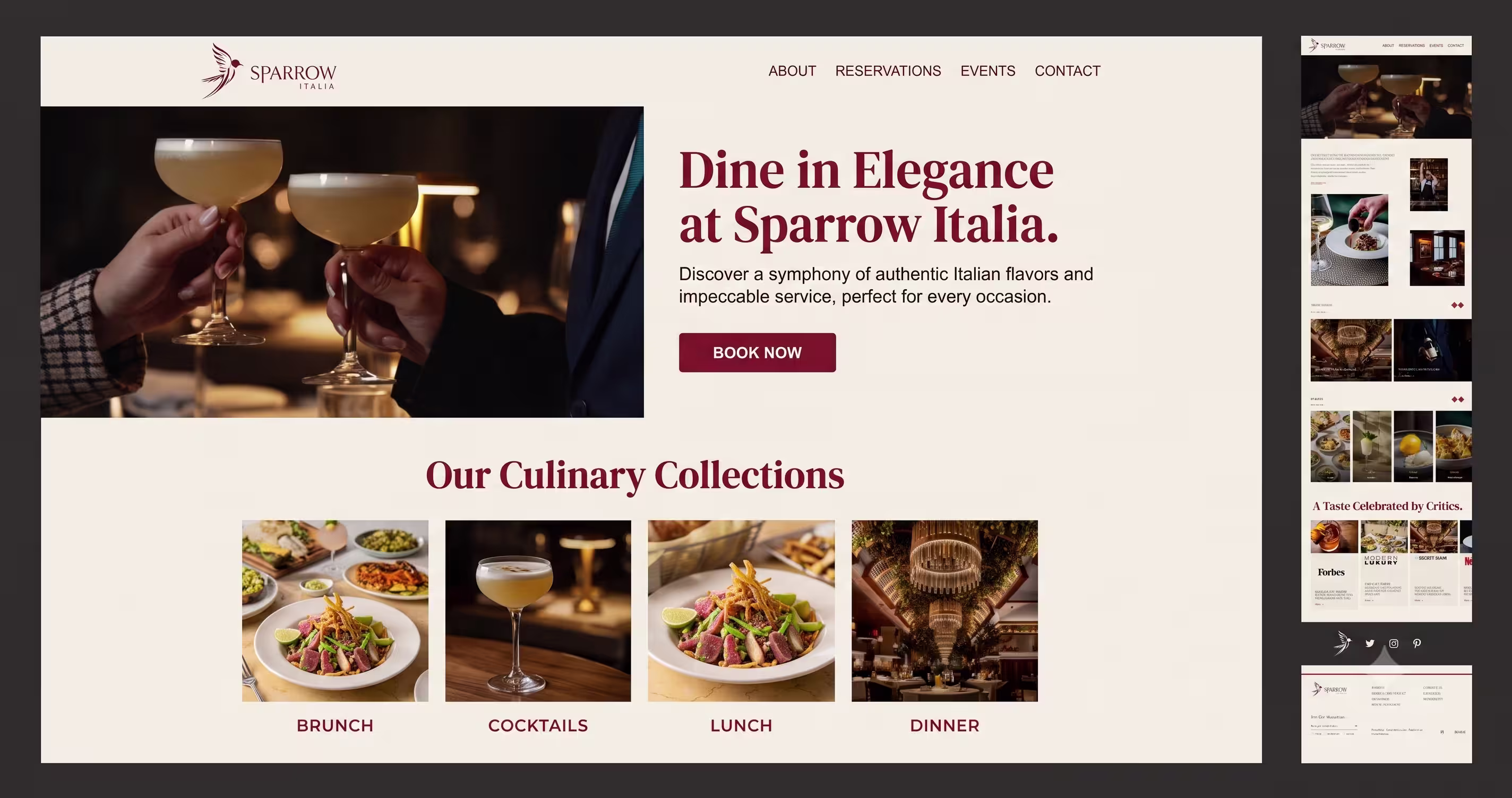 Sparrow Italia fine dining website preview showing elegant aesthetics, Italian cuisine, and reservation options.