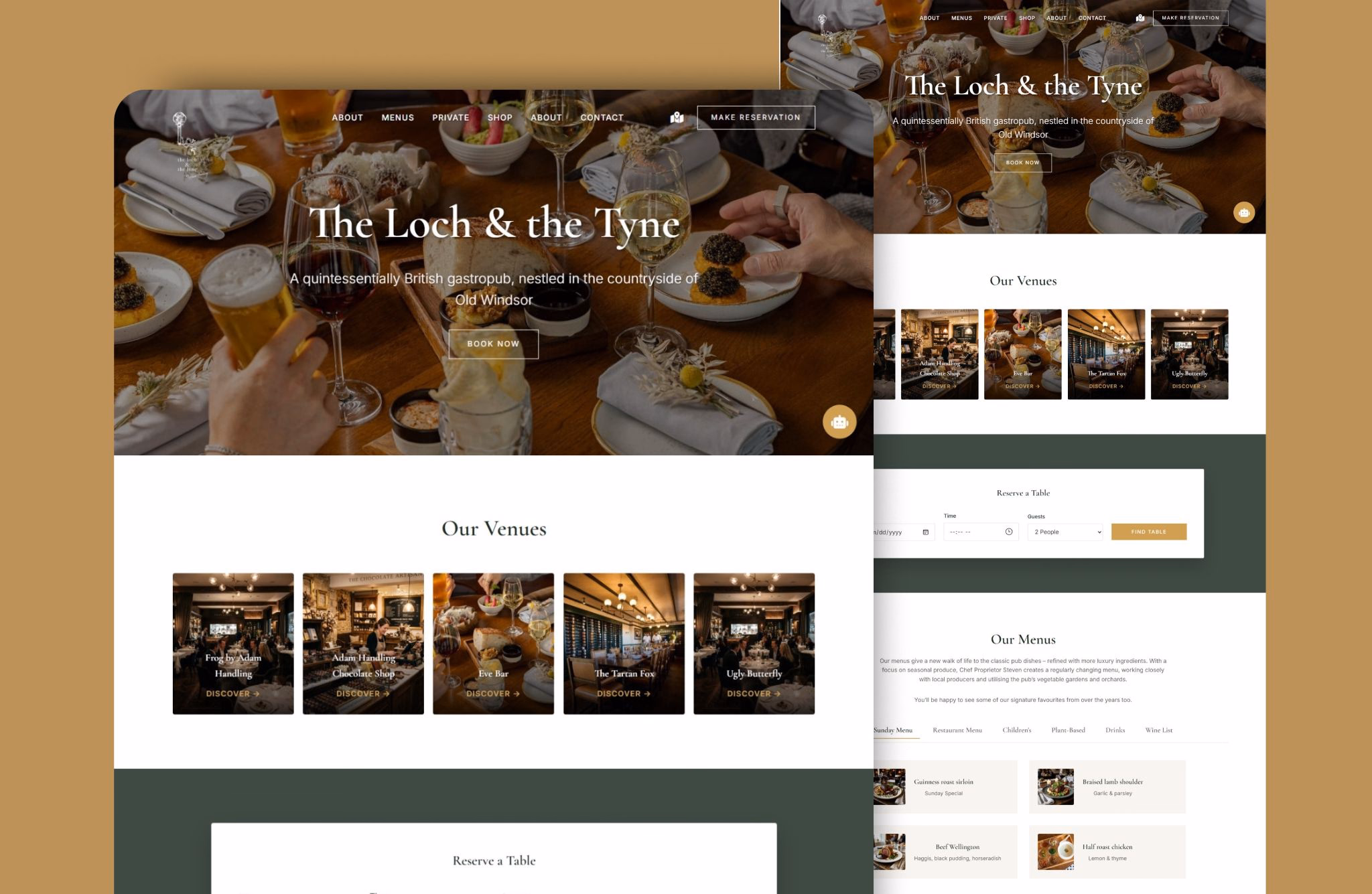 The Loch & the Tyne website preview showing elegant British gastropub cuisine and dining spaces.