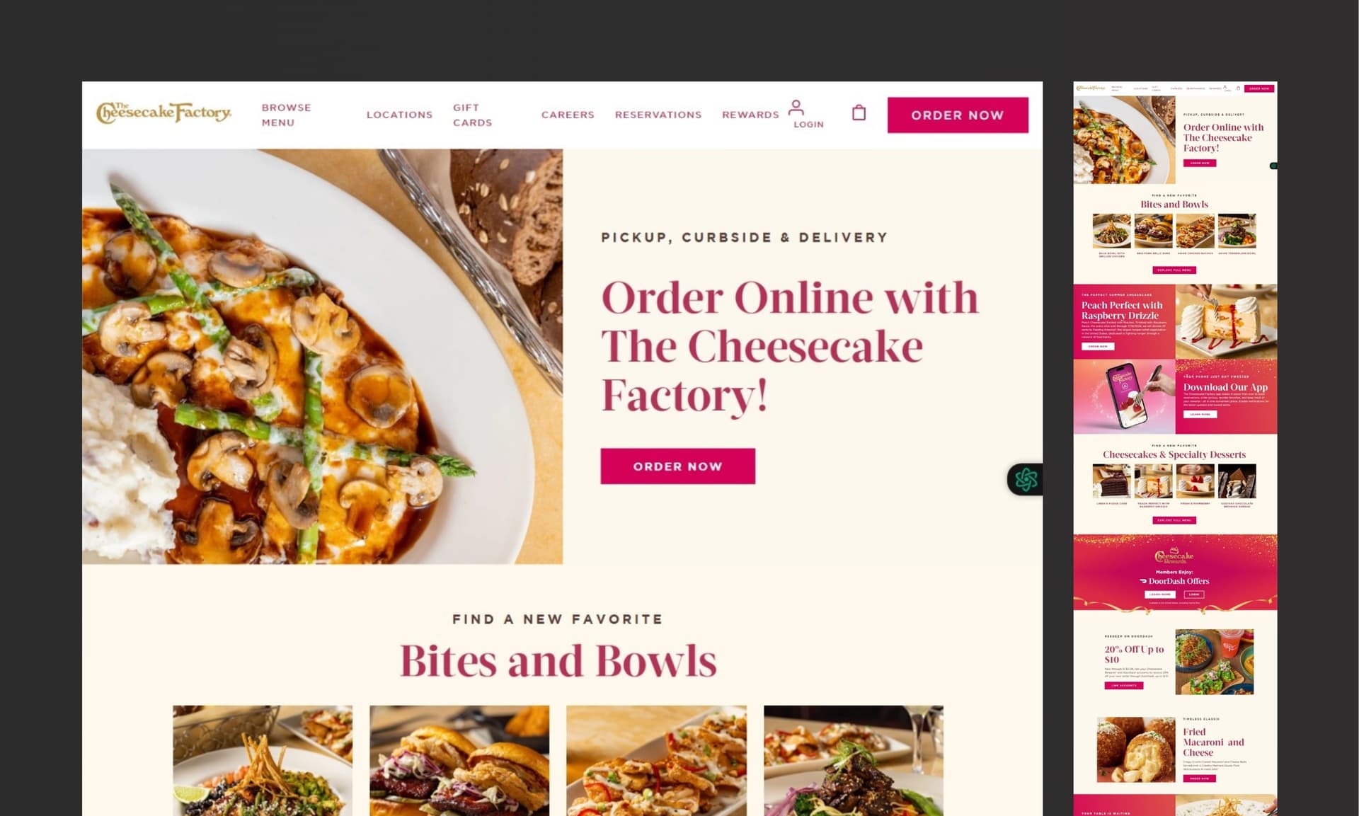 The Cheesecake Factory website preview showing signature desserts, menu highlights, and online ordering prompts.