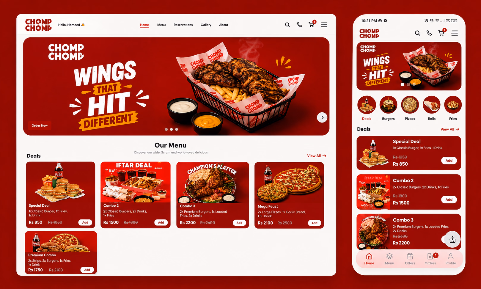 Chomp Chomp Restaurant website preview highlighting a vibrant casual dining experience.