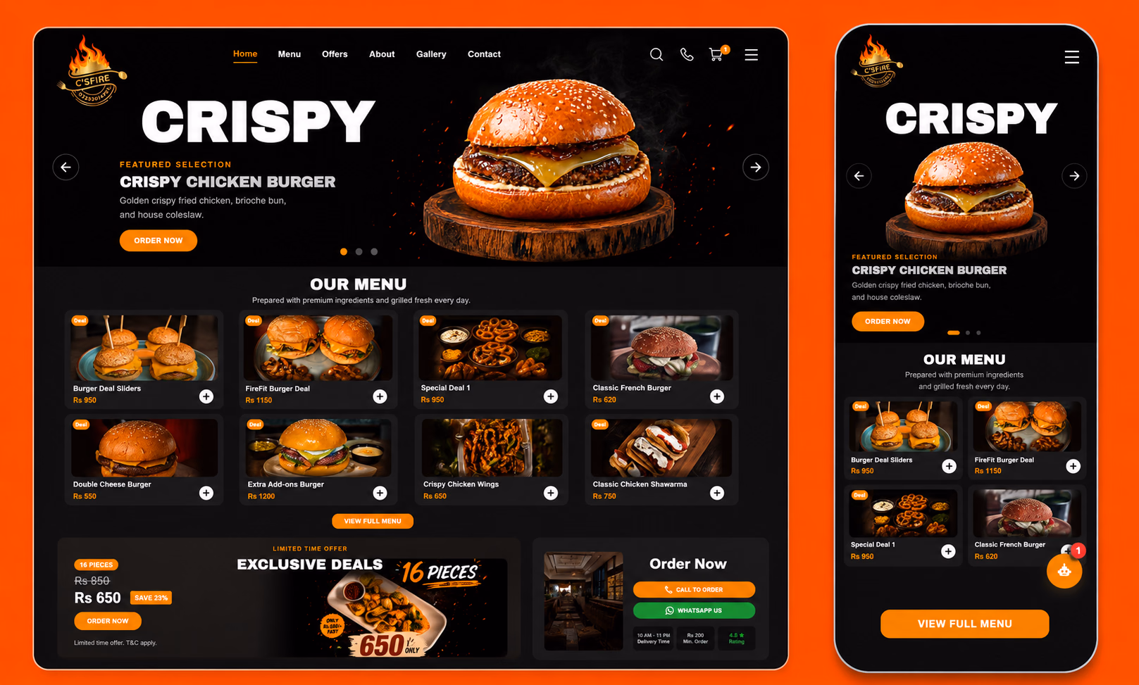 CS-Fire Burgers website preview highlighting fiery burgers and deals.