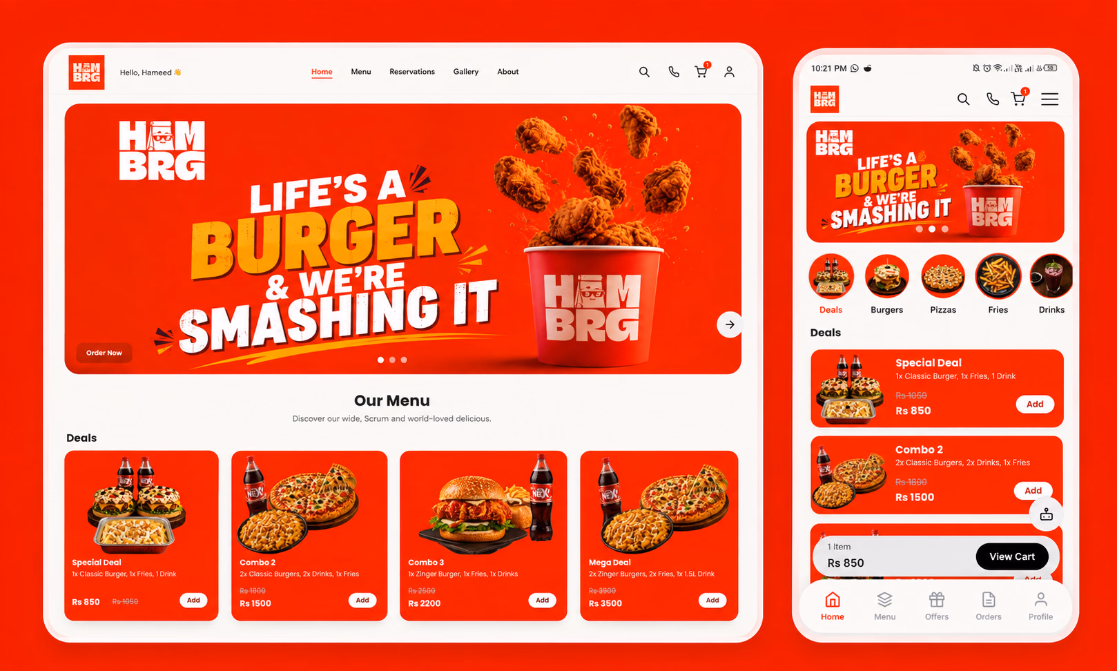 Hambrg website preview showing fast food and signature burgers.