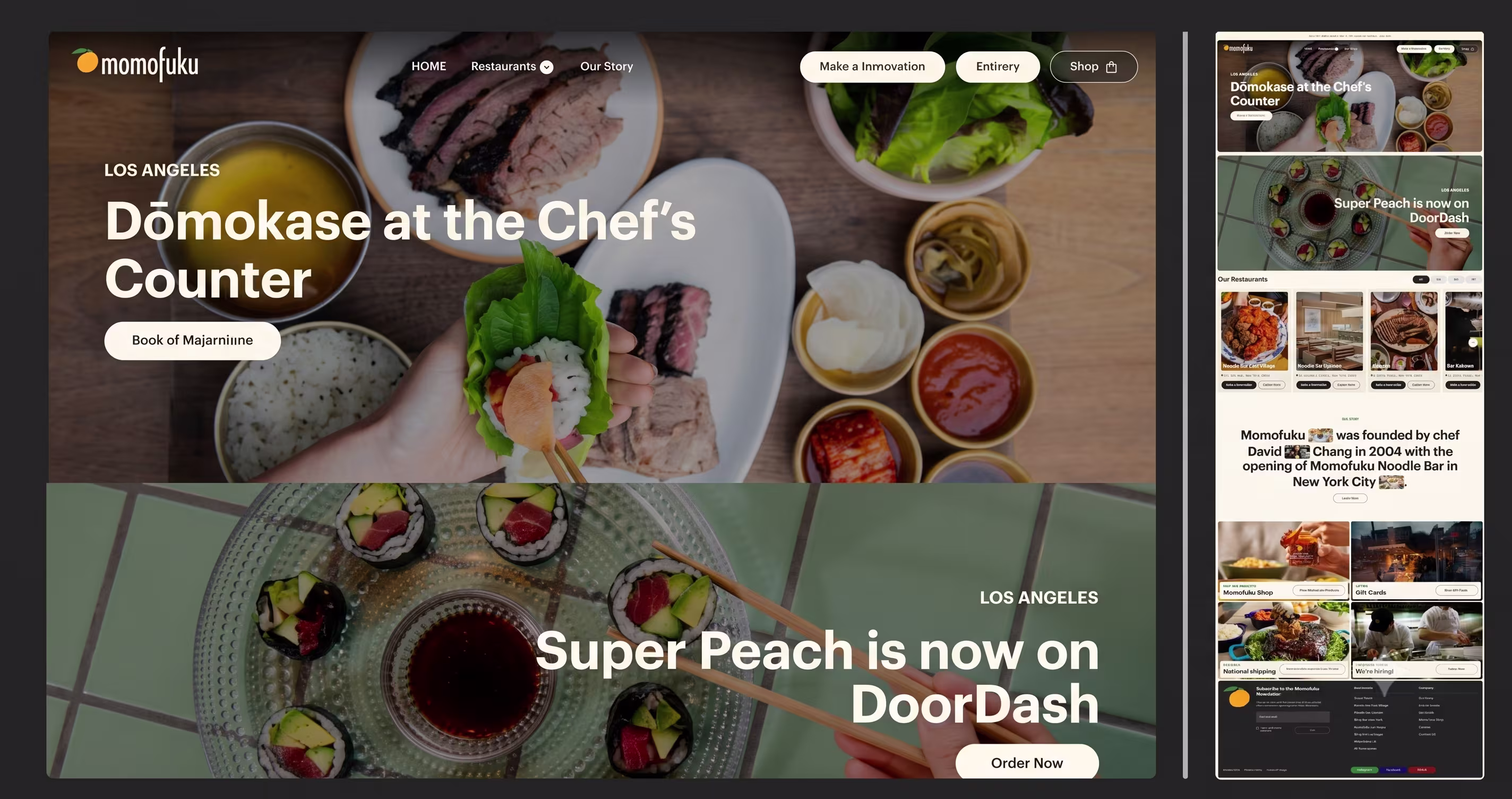 Momofuku restaurant website preview showing modern design, culinary photography, and navigation.