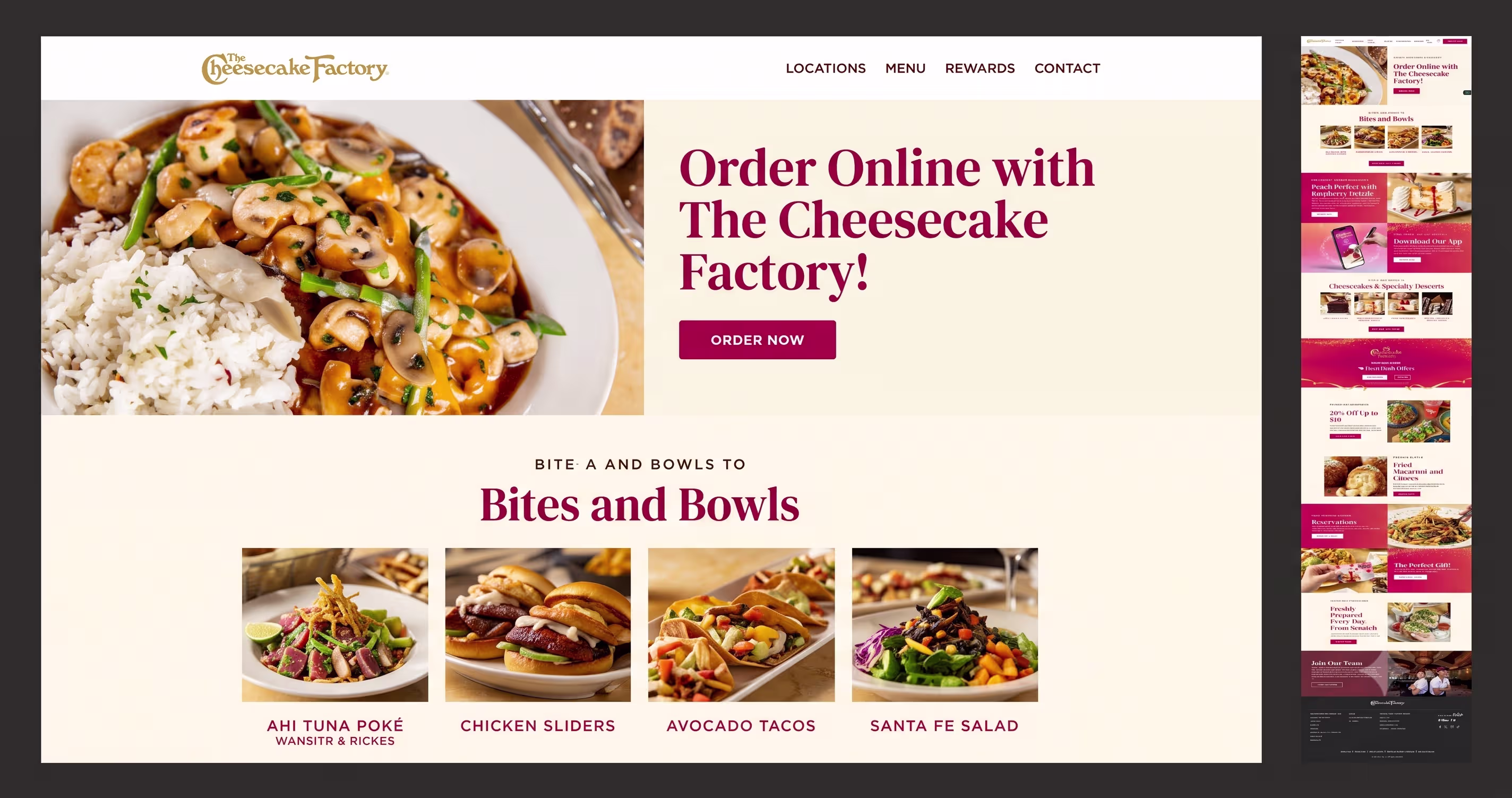 The Cheesecake Factory website preview showing signature desserts, menu highlights, and online ordering prompts.